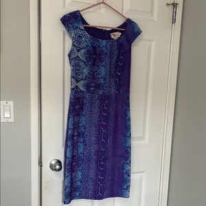 Blue and Purple patterned cap sleeve sheath dress with zipper in back